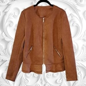 Love Scarlett Brown Faux Suede Peplum Zip Up Long Sleeve Jacket Size Small